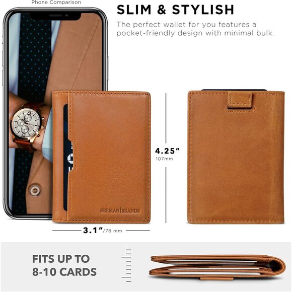 Men Brown Slim leather RFID Blocking Minimalist Card Front Pocket Wallets - Picture 6 of 9